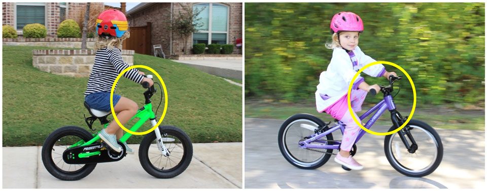Side by side comparison of young child on Royal Baby Freestyle and Prevelo kids bike. She is much more cramped on the Royal baby bike.
