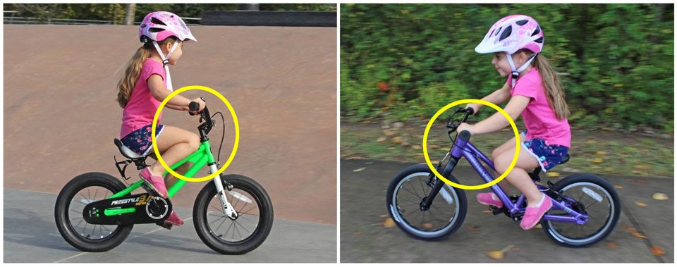 Side by side comparison of taller rider on Royal Baby Freestyle 14 and Prevelo Alpha Two 16 inch bike. She is much more cramped on the Royal baby bike.