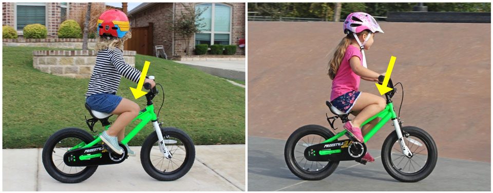 Side by side comparison of 3 and 4 year old on Royal baby 14 inch bike. The 4 year old's knees almost touch the handlebars