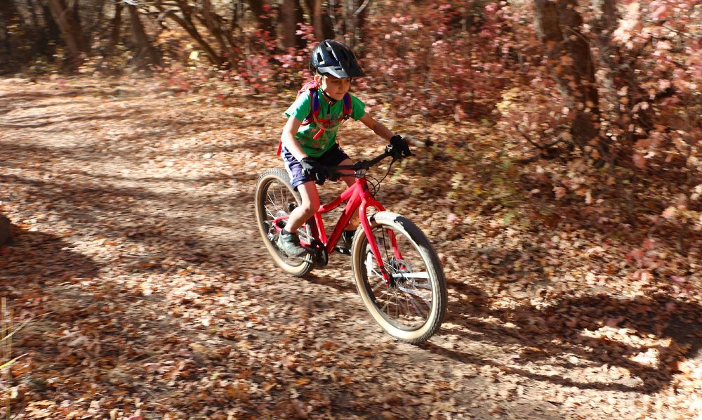 8 year old riding Vitus Plus 24 inch kids bike down leaf-strewn mountain bike trail
