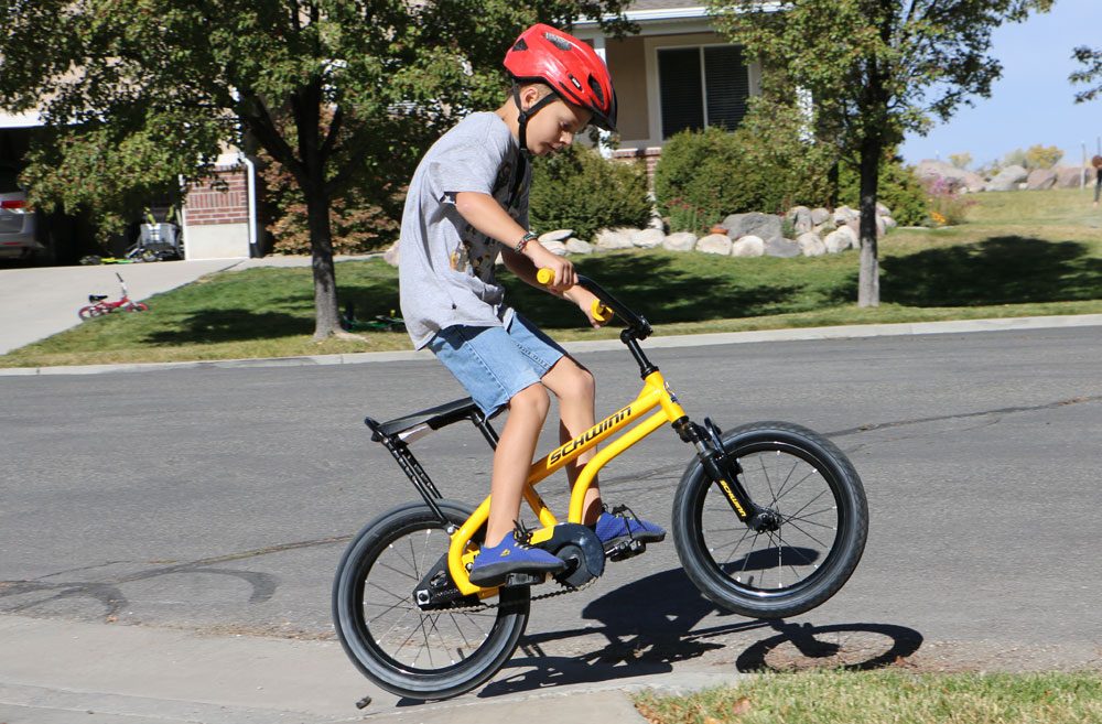 9 year old popping up the curb on Schwinn Krate EVO kids bike