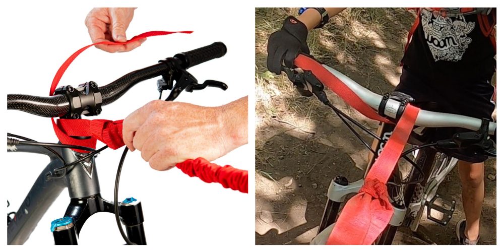 TowWhee tow rope's quick release set up. Attached to headset of child bike.