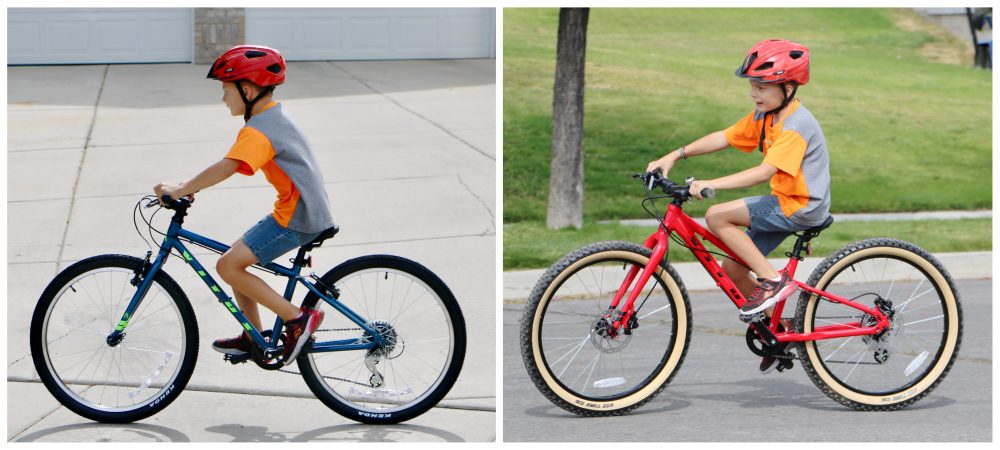 Side by side comparison of 9 year old on Vitus 24 vs Vitus 24 plus kids bikes