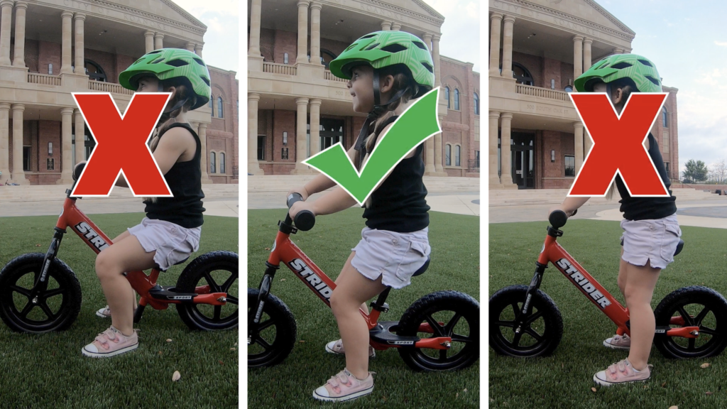 Three side by side images showing the proper what to set a balance bike seat height. The first image is too low and the child is bending the knees too much. The middle image is just right and the child has a slight knee bend. The third image has the seat height set too high and the child's legs are straight.