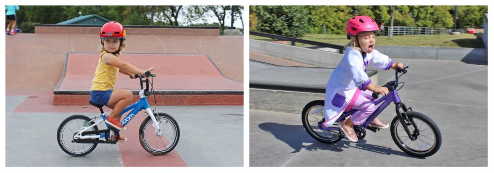 side by side picture of a young girl riding a blue woom 2 and a purple prevelo alpha two girls bike