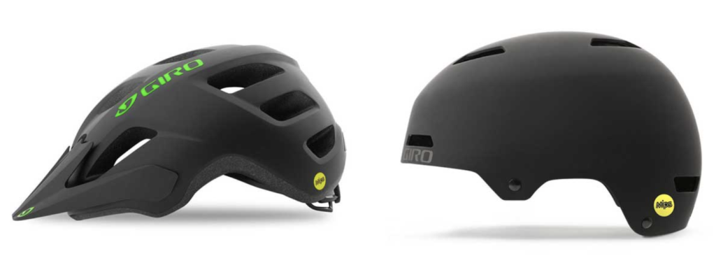 two kids helmets showing the traditional next to the rounded skater style.  Both helmets are black and are the same kids helmet size