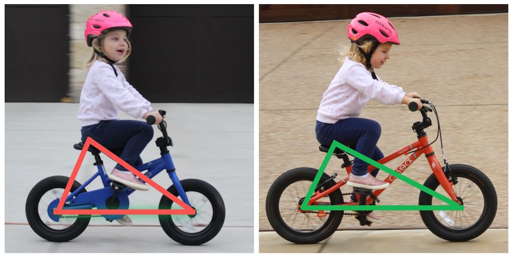 Side by side image of a 3 year old riding a 12 inch bike and a 14 inch bike. Her center of gravity is much higher on the 12 inch bike.