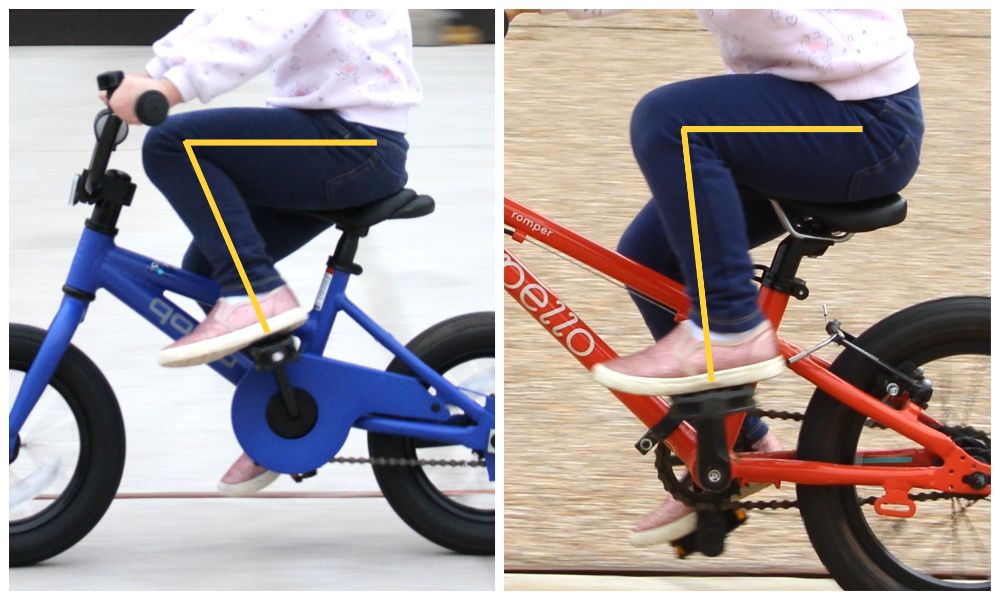 Side by side image of child's leg at the top swing of their pedal stroke on a 12 inch bike and a 14 inch bike. The child's leg is cramped on the 12 inch bike.
