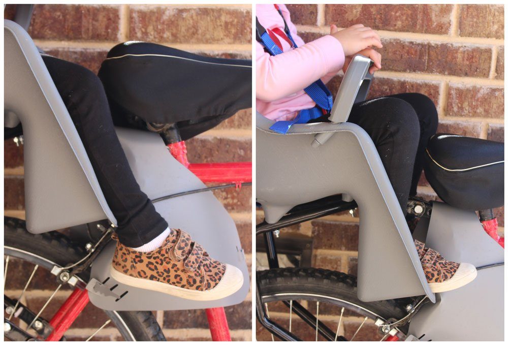 Footrest of Cocoon from the side. Showing taller toddler with leg dangling down, and then sitting footrest with knee high