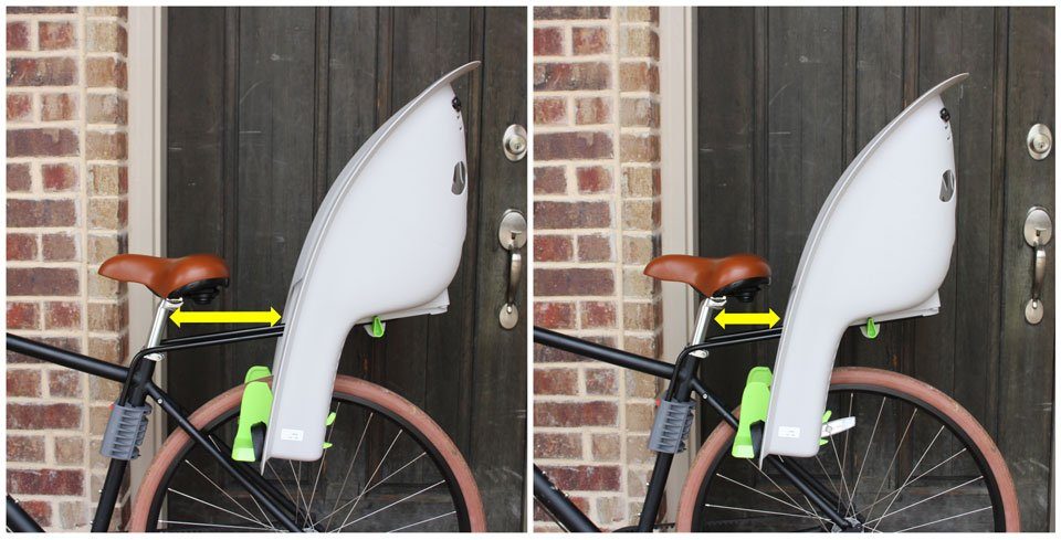 Bell Shell Rear Child Carrier attached to adult bike. Side shot showing the Shell slid forward toward bike, and slid back away from the bike.