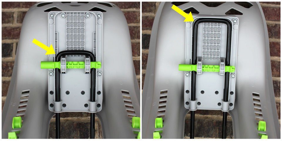 Underside of the Bell Shell child bike seat. Shows mounting bars in most forward and most rear position