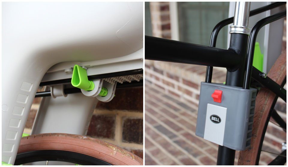 Mounting process for Bell Shell, showing locking mounting bars and the bars locked into the mounting plate on the bike's frame.