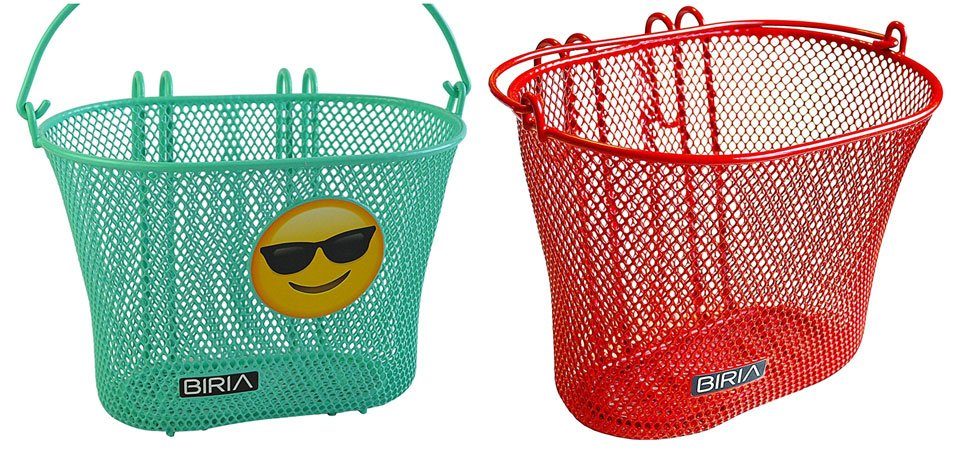 Biria metal bike baskets for kids. Teal bike basket with emoji for girls, red basket for boys.