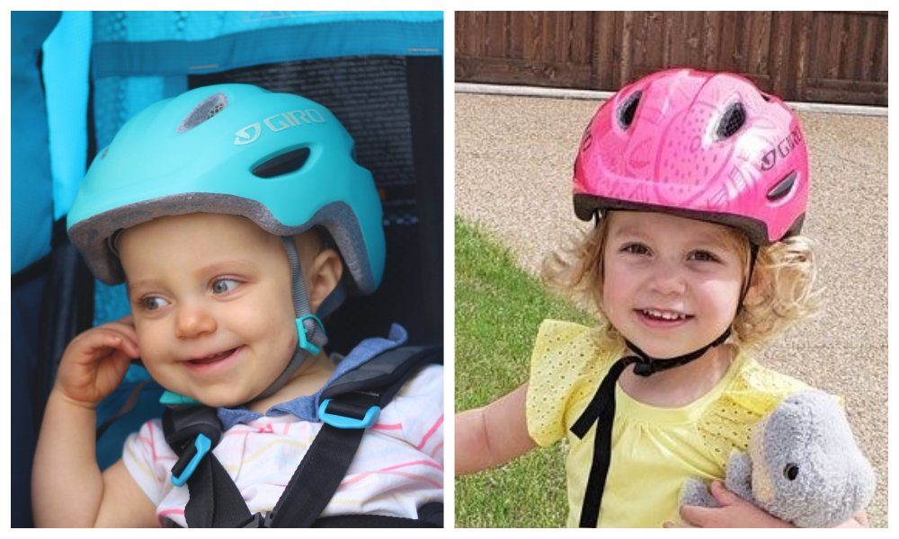 12 month old in an XS Giro Scamp and the same child as a 2.5 year old in a size S Giro Scamp