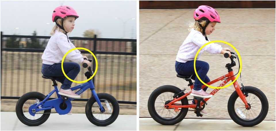 3 year old riding the REI Co-Op Cycles REV 12 inch bike, showing she has no knee room. Compared to the same child riding a nicer 14 inch bike, which has a ton of knee room by comparison.