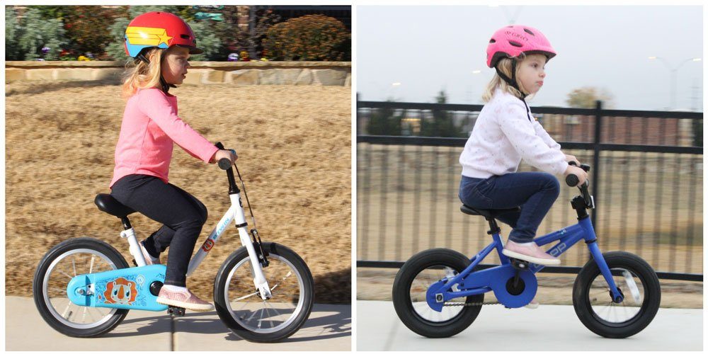 Side by side comparison of child's body position while riding Btwin 14 inch kids bike and REI 12 inch bike