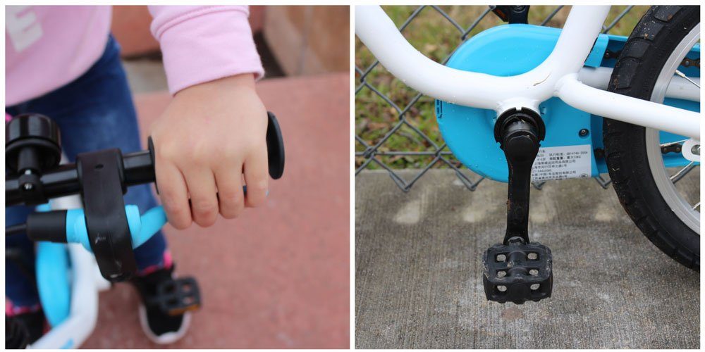 Collage showing small grips and pedals on Btwin. 3-year-old's hand barely fits on the grip