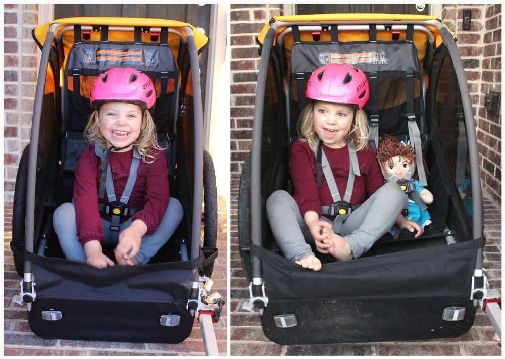 Burley Bee single and double trailer. Showing amount of space inside while loaded with a 40 lb. three year old.