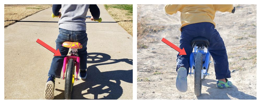Swooping wide rear frame of the Kazam makes contact with two different toddlers' knees.