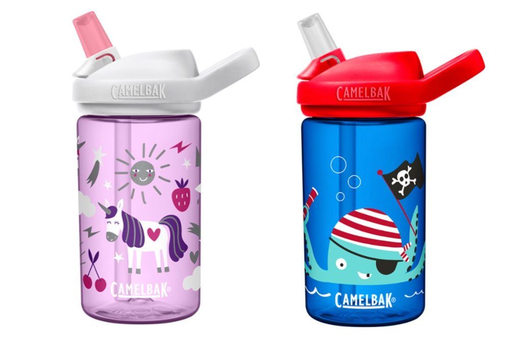 Camelbak Eddy water bottles for kids. Unicorn and pirate designs for girls and boys