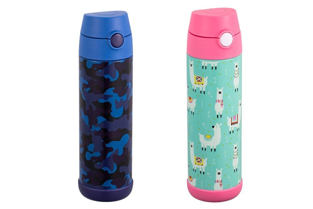 Snug flask water bottles in blue camo and pink llamas