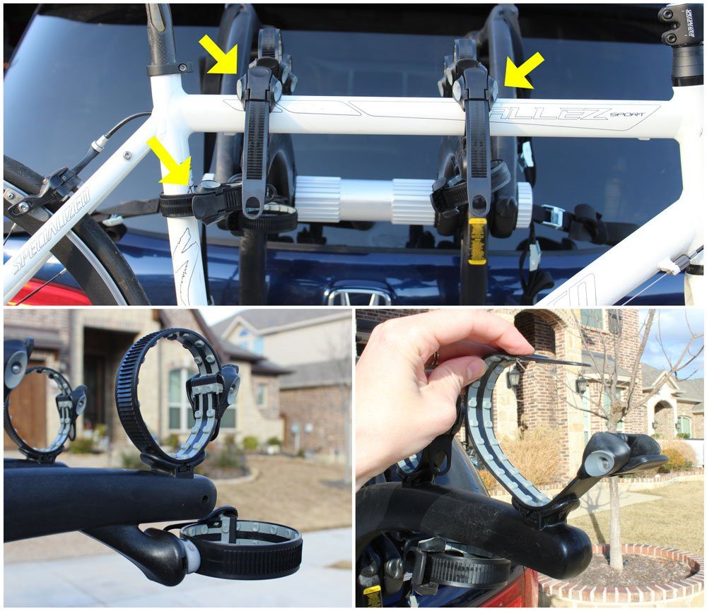 Mounting ratcheting loops secure the bike's frame to the rack arms