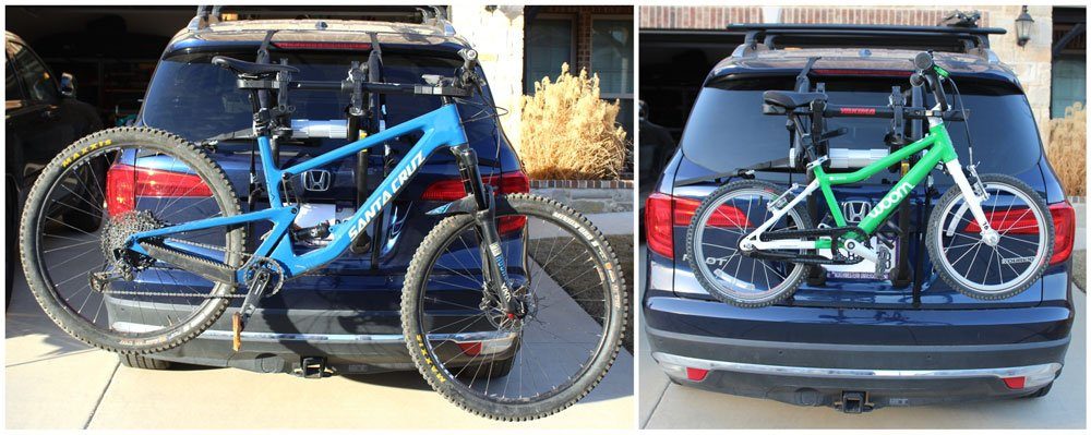 XL mountain bike loaded on Saris Bones EX and 16 inch kids bike loaded up.