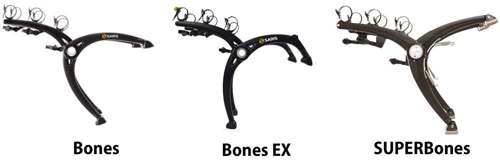 Three models of Saris Bones racks side by side. Orginal Bones, Bones EX, and SUPERBones
