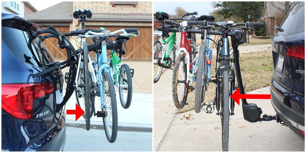 Side by side comparison of how close the bikes are to the Saris Bones vs a hitch hanging rack