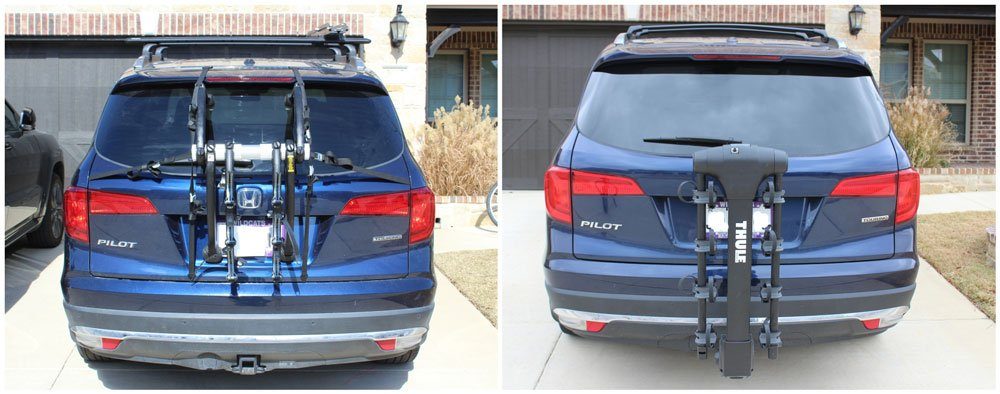 Side by side comparison of rear window view of Bones hanging trunk rack vs another hanging hitch rack.