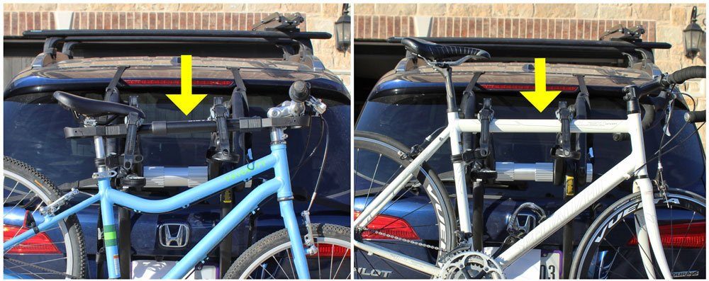 Side by side comparison of two bikes loaded on Saris Bike Bones with and without Bike Beam adaptor.