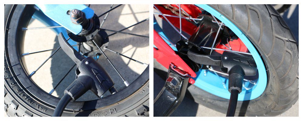 two side by side images showing a the head of a bike pump successfully attached to a 12 inch valve stem