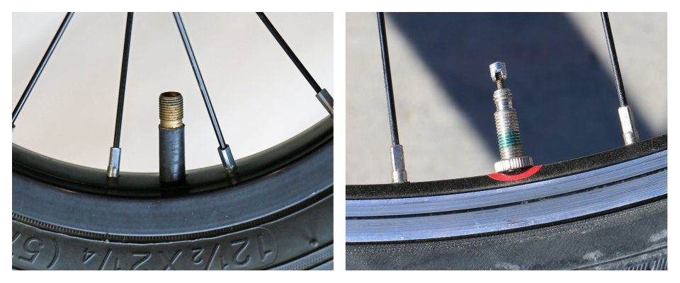 Different types of bicycle tire tube valves, Schrader and Presta