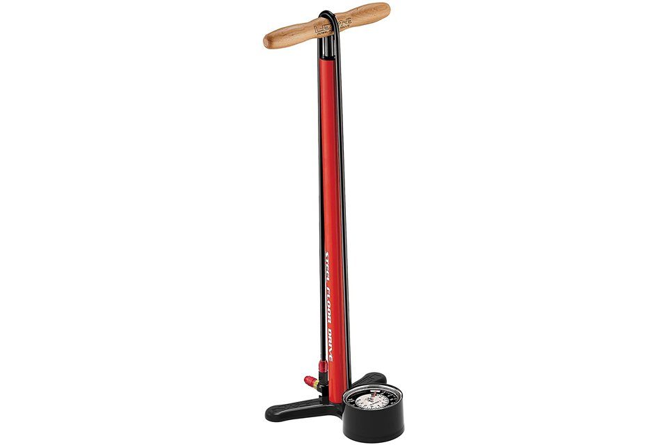 stock image of red Lezyne steel floor bike pump, best presta valve pump