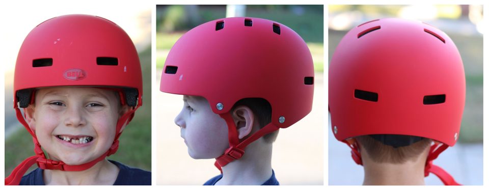 collage showing the front, side and rear of a boy wearing the bell span bike helmet