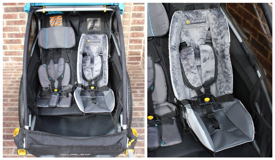 Burley Baby Snuggler installed in a Burely double trailer