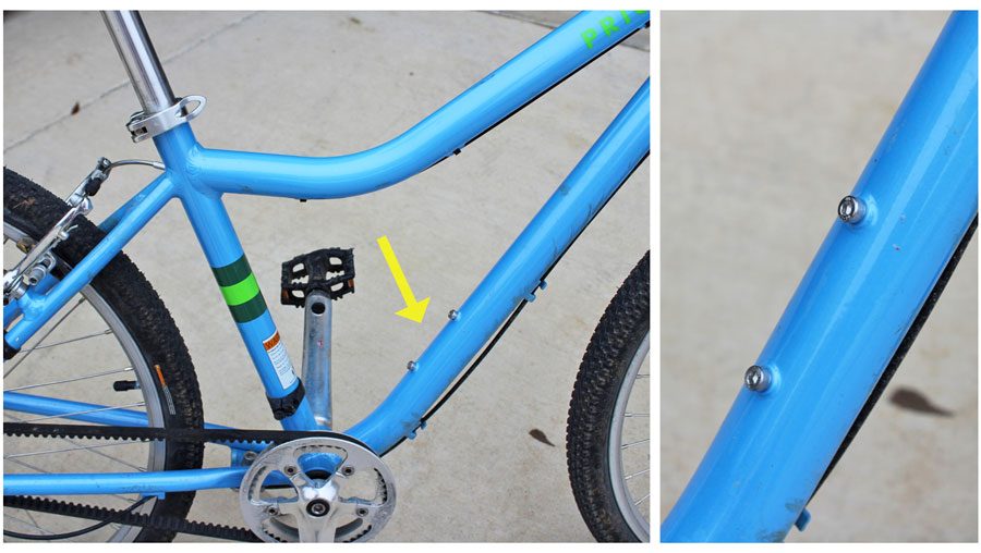 Frame of kids bike, showing eyelets needed to mount the water bottle