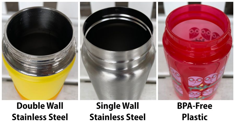 three image collage showing the three different vessel material types of kids water bottles