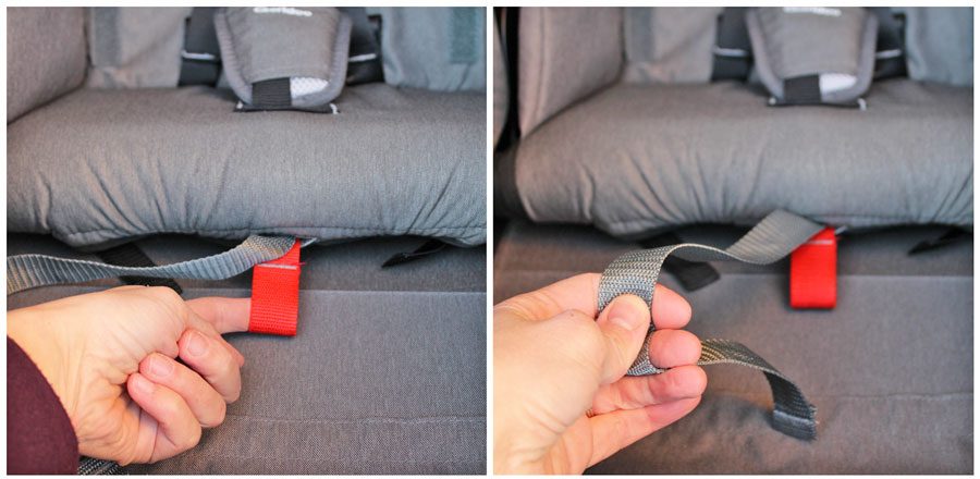 red and gray pull tabs to adjust harness in Kidgoo