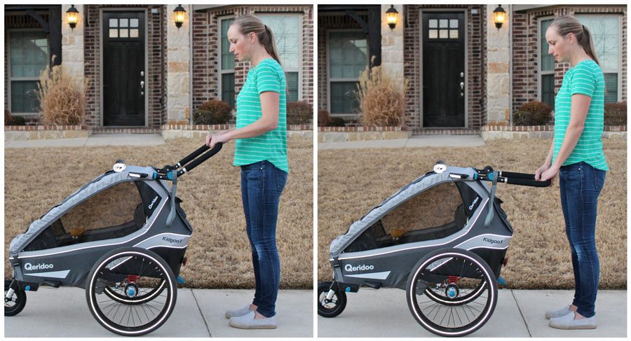 Adjustable height handlebar in Kidgoo shown high and low