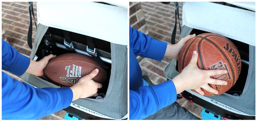 Side by side shots of rear storage of Kidgoo. Football fits in easily, basketball cannot fit.