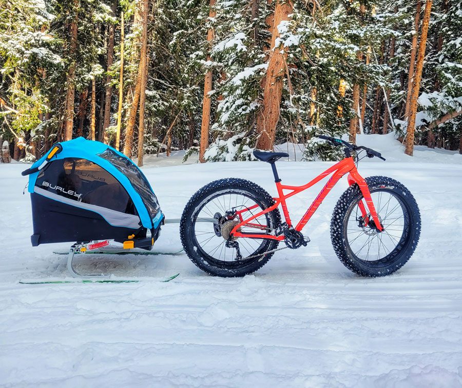 Side shot of fat bike attached to Burley D'Lite X with ski kit attached