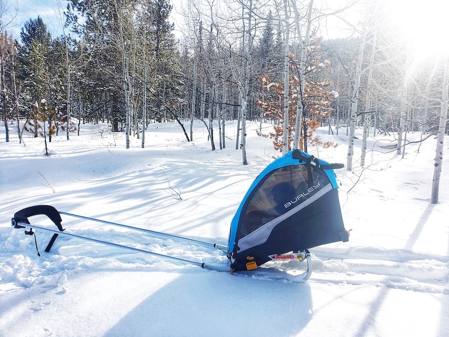 Burley trailer and ski kit sitting in the snow