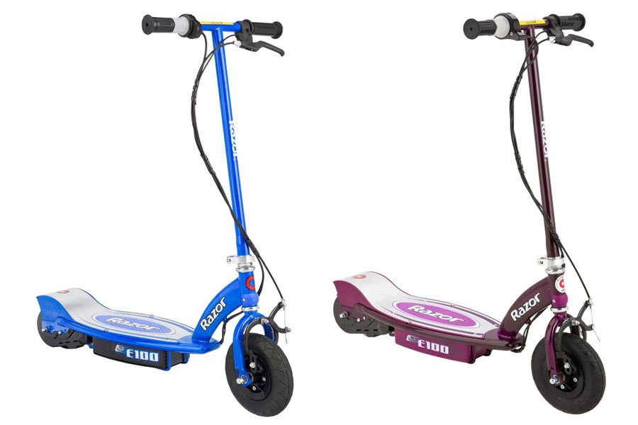 Razor E100 kids electric scooter in blue and purple