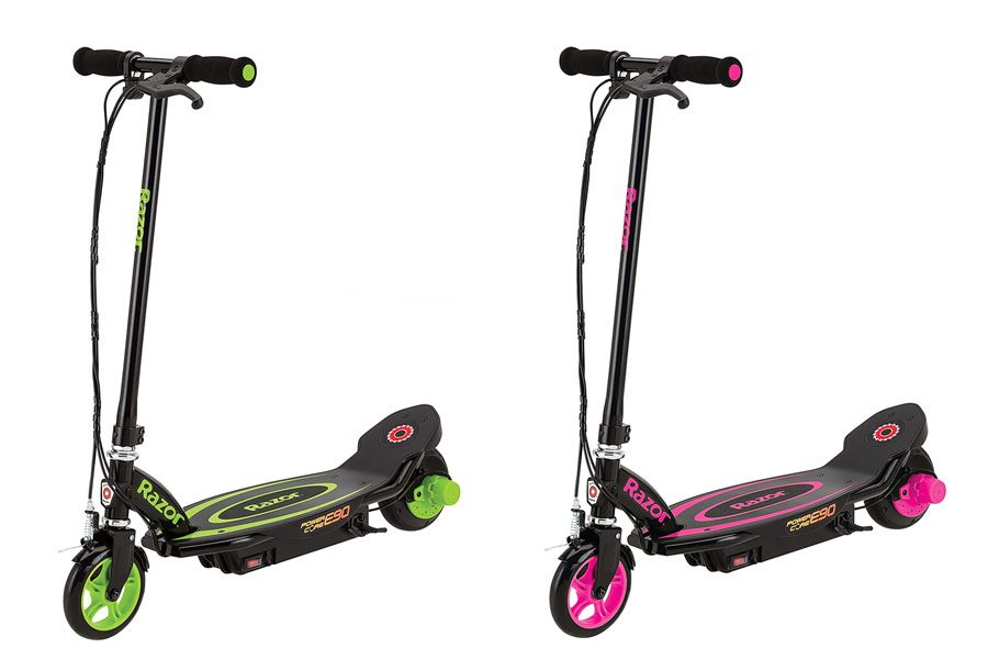 Razor Power Core E90 kids electric scooters in green and pink