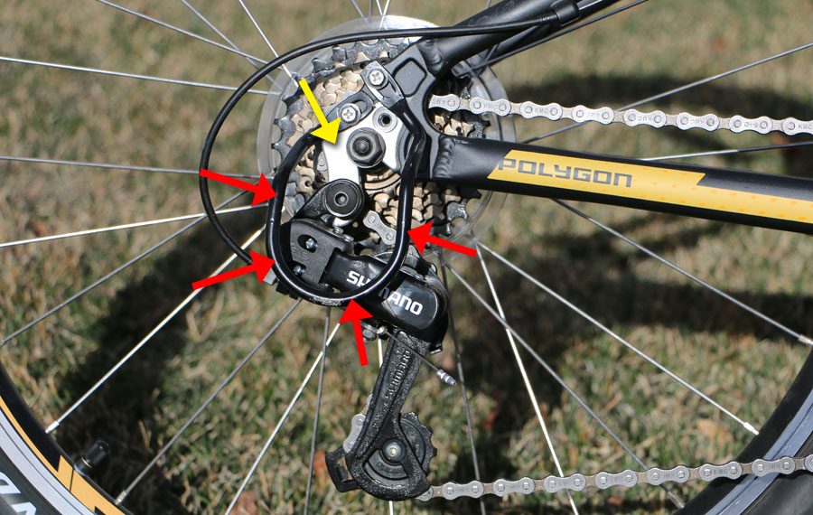 image showing the derailleur hanger and the derailleur cage on the polygon premier kids bike
