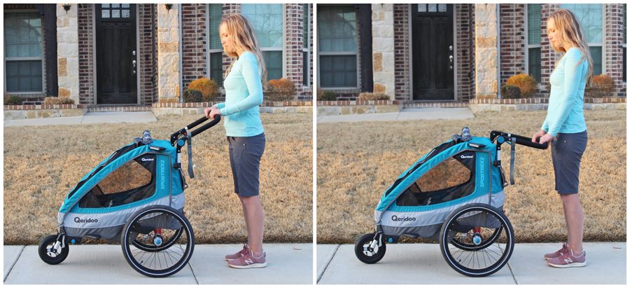 The handlebar on the Sportrex stroller can be rotated high or low depending on parent height