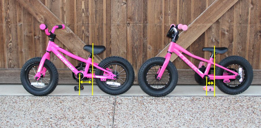 Side by side comparison of Specialized and Trek 12 inch bikes. Showing Specialized Hotrock 12 has pushed forward bottom bracket.