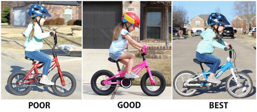 Wheelbase and body position comparison. Showing Huffy Rock It, Specialized Riprock 12, and Woom 2 side by side.