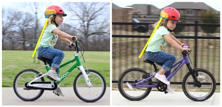 41 inch tall girl riding the woom 3 16 inch bike and the Prevelo Alpha Two 16 inch bike. She is much more leaned forward on the Prevelo.